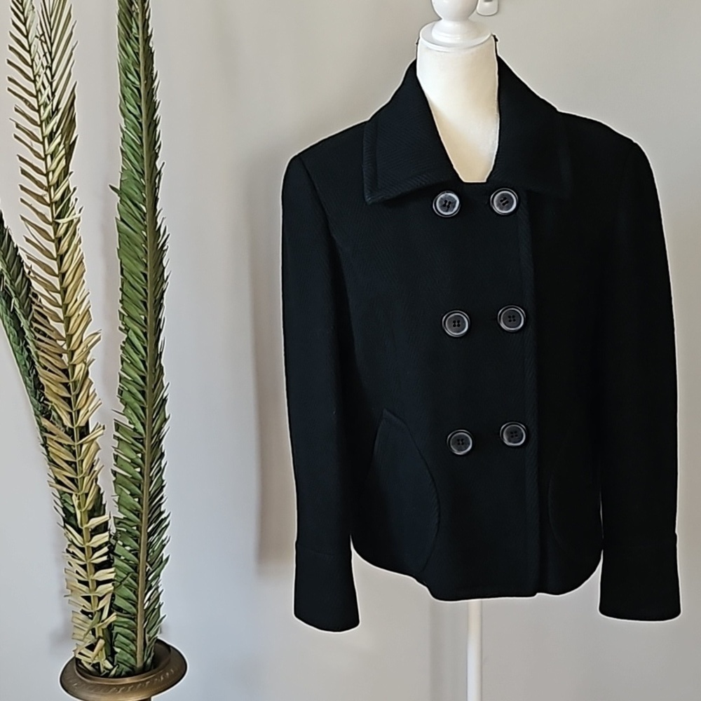 Mossimo Black Herringbone Patterned Double Button Wool Blend Coat
